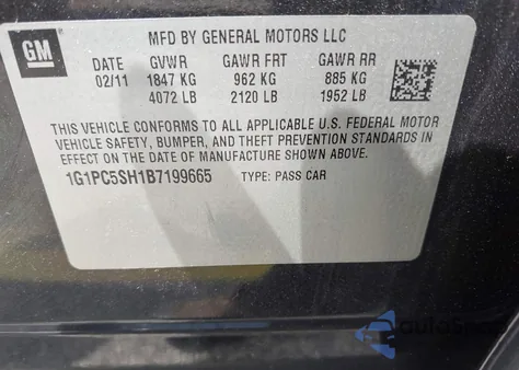 2011 Chevrolet Cruze Ls из США, поврежденный, VIN 1G1PC5SH1B7199665